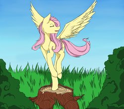 Size: 1024x907 | Tagged: safe, artist:alpakachii, fluttershy, pegasus, pony, g4, eyes closed, female, mare, open mouth, singing, solo, spread wings, tree stump, turned head, wings