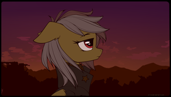 Size: 1953x1108 | Tagged: safe, artist:xn-d, oc, oc only, oc:tez, pegasus, pony, fallout, female, mare, solo, sunset