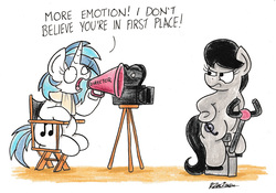 Size: 2273x1593 | Tagged: safe, artist:bobthedalek, dj pon-3, octavia melody, vinyl scratch, earth pony, pony, unicorn, g4, annoyed, chair, clothes, director's chair, exercise bike, megaphone, octavia is not amused, scarf, traditional art, unamused