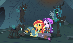 Size: 5000x3000 | Tagged: safe, artist:songokussjsannin8000, queen chrysalis, starlight glimmer, sunset shimmer, changeling, equestria girls, g4, bondage, bound and gagged, cleave gag, cloth gag, clothes, gag, help us, high res, hive, rope, rope bondage, ropes, tied up, unsexy bondage