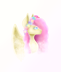 Size: 3120x3721 | Tagged: safe, artist:weird-psycho-jane, fluttershy, pony, g4, bust, female, floral head wreath, flower, high res, no mouth, portrait, profile, simple background, solo, spread wings, white background, wings