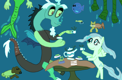 Size: 3252x2132 | Tagged: safe, artist:sb1991, discord, fluttershy, catfish, fish, mermaid, pony, g4, cheese, crackers, creature from the black lagoon, cup, food, high res, quality, story included, table, tablecloth, tea, tea party, teacup, teapot, underwater