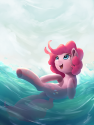 Size: 750x1000 | Tagged: safe, artist:vanillaghosties, pinkie pie, earth pony, pony, g4, atg 2017, cute, diapinkes, female, mare, newbie artist training grounds, smiling, solo, water