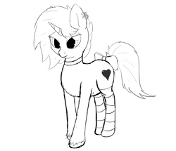 Size: 2490x2138 | Tagged: safe, artist:deerdraw, oc, oc only, oc:bottom out, pony, unicorn, bow, choker, clothes, high res, male, monochrome, socks, stallion, striped socks, tail bow, trap