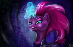 Size: 1280x830 | Tagged: safe, artist:zomixnu, tempest shadow, pony, unicorn, g4, my little pony: the movie, armor, broken horn, eye scar, female, horn, mare, scar, signature, solo, sparking horn