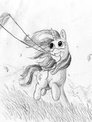 Size: 683x910 | Tagged: safe, artist:t72b, derpibooru exclusive, starlight glimmer, pony, g4, female, happy, kite, monochrome, running, smiling, solo, that pony sure does love kites, traditional art, windswept mane