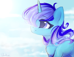 Size: 2500x1916 | Tagged: safe, artist:whiteliar, oc, oc only, oc:spacelight, pony, unicorn, chest fluff, cute, ear fluff, female, high res, horn, mare, profile, sky, smiling, solo, unicorn oc