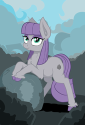 Size: 1141x1678 | Tagged: safe, artist:paskanaakka, derpibooru exclusive, maud pie, earth pony, pony, g4, bipedal, bipedal leaning, chest fluff, cloud, cloudy, colored hooves, ear fluff, female, leaning, looking at you, mare, rock, sky, solo, unshorn fetlocks
