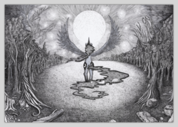 Size: 3700x2651 | Tagged: safe, artist:konsumo, princess luna, alicorn, pegasus, pony, g4, black and white, female, forest, full moon, galaxy mane, grayscale, high res, mare, monochrome, moon, partial color, solo, spread wings, traditional art, tree, wings