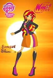 Size: 737x1085 | Tagged: safe, artist:redillita, sunset shimmer, human, equestria girls, g4, barely eqg related, clothes, crossover, female, my little pony logo, rainbow s.r.l, shoes, solo, style emulation, winx club, winxified