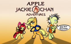 Size: 1440x900 | Tagged: safe, artist:dan232323, apple bloom, applejack, granny smith, earth pony, pony, g4, bipedal, crossover, jackie chan, jackie chan adventures