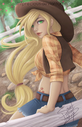 Size: 792x1224 | Tagged: safe, artist:saintprecious, applejack, human, g4, clothes, cowboy hat, female, fence, hat, humanized, looking at you, looking back, smiling, solo, stetson, sweet apple acres, tree