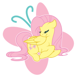 Size: 800x800 | Tagged: safe, artist:anzicorn, fluttershy, pegasus, pony, g4, cute, cutie mark background, eyes closed, female, folded wings, prone, shyabetes, simple background, smiling, solo, transparent background, turned head