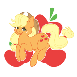 Size: 800x800 | Tagged: safe, artist:anzicorn, applejack, earth pony, pony, g4, apple, cutie mark background, female, food, simple background, smiling, solo, transparent background