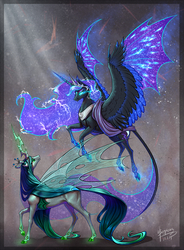 Size: 1239x1683 | Tagged: safe, artist:begasus, nightmare moon, queen chrysalis, alicorn, changeling, changeling queen, pony, g4, bat wings, cloven hooves, coat markings, ethereal mane, female, flying, glowing eyes, glowing hooves, glowing horn, horn, hybrid wings, leonine tail, lesbian, long tail, looking up, mare, realistic horse legs, ship:chrysmoon, shipping, smiling, spread wings, starry mane, starry wings, swirly markings, wing claws, wings