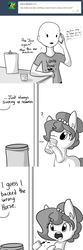 Size: 1650x4950 | Tagged: safe, artist:tjpones, oc, oc only, oc:brownie bun, oc:richard, earth pony, human, pony, horse wife, ask, comic, dialogue, drink, drinking, ear fluff, grayscale, hoof hold, misunderstanding, monochrome, oatacola, offscreen character, phone, phone call, question mark, simple background, soda can, speech bubble, trash can, tumblr, white background