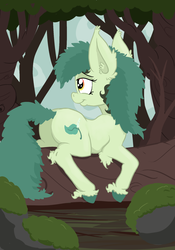 Size: 1222x1747 | Tagged: safe, artist:paskanaakka, derpibooru exclusive, oc, oc only, oc:bittergreen, earth pony, pony, colored hooves, ear fluff, female, fluffy, forest, looking away, lying down, mare, moss, prone, rock, smiling, solo, tree, unshorn fetlocks