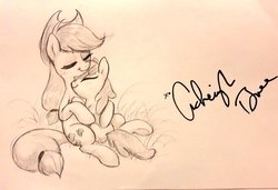 Size: 1024x702 | Tagged: safe, artist:imalou, apple bloom, applejack, earth pony, pony, g4, adorabloom, ashleigh ball, cute, duo, eyes closed, female, filly, hug, mare, monochrome, neck nuzzle, nuzzling, pencil drawing, signature, sisters, sketch, traditional art