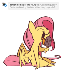 Size: 540x609 | Tagged: safe, artist:fluttershythekind, fluttershy, pegasus, pony, g4, ask, cute, eyes closed, female, food, hoof hold, licking, popsicle, shyabetes, simple background, sitting, smiling, solo, spread wings, tongue out, tumblr, white background, wings
