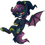 Size: 150x150 | Tagged: safe, artist:doekitty, oc, oc only, oc:grimoire, bat pony, pony, animated, bat pony oc, evil grin, female, gif, grin, looking at you, mare, pixel art, simple background, slit pupils, smiling, solo, transparent background