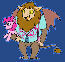 Size: 1280x1228 | Tagged: safe, artist:/d/non, pinkie pie, scorpan, earth pony, gargoyle, pony, g4, 30 minute art challenge, brony, clothes, cute, diapinkes, diascorpes, female, happy, lanyard, male, pinkie pie plushie, plushie, shirt, solo