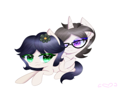 Size: 2000x1500 | Tagged: safe, artist:scootalightheartoc, oc, oc only, oc:caliza, oc:solaria, earth pony, pony, unicorn, commission, flower, flower in hair, glasses