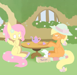 Size: 1801x1759 | Tagged: safe, artist:typhwosion, angel bunny, applejack, fluttershy, earth pony, pegasus, pony, g4, cottagecore, cup, food, hat, mortified, tea, tea party, teacup, teapot