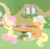 Size: 1801x1759 | Tagged: safe, artist:typhwosion, angel bunny, applejack, fluttershy, earth pony, pegasus, pony, g4, bow, cottagecore, cup, food, hat, hat bow, mortified, tea, tea party, teacup, teapot