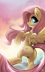 Size: 1100x1756 | Tagged: safe, artist:fidzfox, fluttershy, pegasus, pony, g4, butt, female, flutterbutt, flying, looking at you, looking back, mare, plot, smiling, solo
