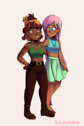 Size: 2000x3000 | Tagged: safe, artist:mlp-hearts, fluttershy, tree hugger, human, g4, alternate hairstyle, bandana, belt, boot, breasts, clothes, dark skin, duo, ear piercing, earring, female, flats, hairclip, high res, hooped earrings, human coloration, humanized, jewelry, lesbian, looking at each other, looking at someone, midriff, necklace, pants, piercing, ship:flutterhugger, shipping, simple background, skirt, smiling, standing, tank top, tattoo