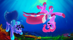 Size: 2970x1620 | Tagged: safe, artist:althyra-nex, pinkie pie, twilight sparkle, pony, g4, underwater