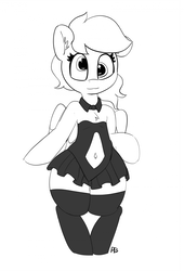 Size: 1280x1886 | Tagged: safe, artist:pabbley, derpy hooves, pegasus, pony, g4, 30 minute art challenge, belly button, bipedal, black dress, chest fluff, clothes, cute, dress, ear fluff, female, grayscale, mare, monochrome, solo, stockings, thigh highs