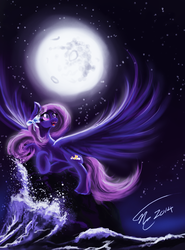 Size: 800x1080 | Tagged: safe, artist:althyra-nex, oc, oc only, oc:honey moon, pegasus, pony, flying, moon, night, seaside, solo