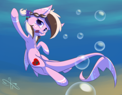 Size: 2100x1650 | Tagged: safe, artist:malwinters, oc, oc only, oc:ashee, original species, shark pony, armpits, belly button, bubble, female, mare, open mouth, solo, underhoof