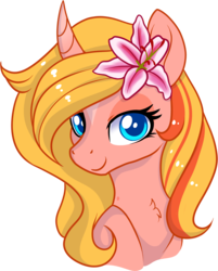 Size: 1033x1286 | Tagged: safe, artist:xwhitedreamsx, oc, oc only, oc:dreamy sweet, pony, unicorn, bust, female, flower, flower in hair, looking at you, mare, simple background, smiling, solo, transparent background