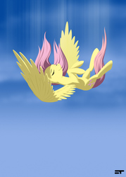 Size: 3000x4200 | Tagged: safe, artist:styroponyworks, fluttershy, pegasus, pony, g4, eyes closed, falling, female, freefall, mare, on back, sky, smiling, solo, spread wings, wings