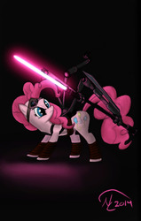 Size: 671x1053 | Tagged: safe, artist:althyra-nex, pinkie pie, earth pony, pony, g4, female, lightsaber, solo, star wars, star wars: the force unleashed, weapon
