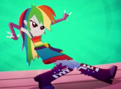 Size: 675x495 | Tagged: safe, screencap, rainbow dash, equestria girls, g4, my little pony equestria girls: summertime shorts, raise this roof, armpits, boots, breakdancing, clothes, cropped, dance off, dancing, dress, faic, fall formal outfits, female, multicolored hair, outfit, rainbow hair, sexy, shoes, smiling, smirk, smug, smugdash