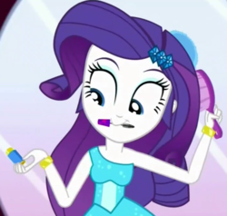 Size: 686x652 | Tagged: safe, screencap, rarity, equestria girls, g4, make up shake up, my little pony equestria girls: summertime shorts, brush, brushing, eyes on the prize, female, mouth hold, solo