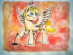 Size: 1283x975 | Tagged: safe, artist:das_leben, oc, oc only, oc:hairwhite, alicorn, pony, alicorn oc, male, microphone, raised hoof, smiling, solo, spread wings, stallion, traditional art, wings