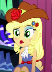 Size: 444x616 | Tagged: safe, screencap, applejack, equestria girls, g4, make up shake up, my little pony equestria girls: summertime shorts, simple ways, applejack is best facemaker, applejewel, bare shoulders, cowboy hat, fall formal outfits, female, hat, lipstick, makeup, sleeveless, solo, strapless