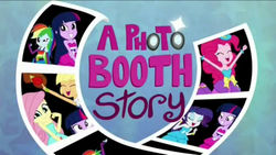 Size: 1136x640 | Tagged: safe, screencap, applejack, fluttershy, pinkie pie, rainbow dash, rarity, twilight sparkle, a photo booth story, equestria girls, g4, my little pony equestria girls: summertime shorts, fall formal outfits, female, humane five, humane six, title card