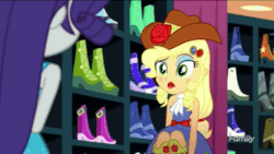 Size: 448x253 | Tagged: safe, screencap, applejack, rarity, eqg summertime shorts, equestria girls, g4, make up shake up, animated, applejack is best facemaker, applejewel, bare shoulders, boots, clothes, fall formal outfits, female, gif, lipstick, makeup, scarf, shoes, sleeveless, strapless