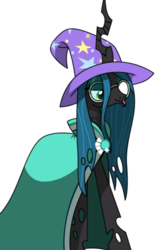 Size: 448x720 | Tagged: safe, artist:rosemile mulberry, queen chrysalis, changeling, changeling queen, g4, accessory theft, cape, clothes, female, glasses, hat, kathleen barr, nerd, simple background, smiling, solo, tongue out, trixie's hat, voice actor joke, white background