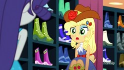 Size: 1920x1080 | Tagged: safe, screencap, applejack, rarity, equestria girls, g4, make up shake up, my little pony equestria girls: summertime shorts, applejack is best facemaker, applejewel, bare shoulders, boots, fall formal outfits, hat, lipstick, makeup, shoes, sleeveless, strapless