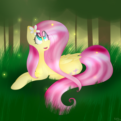 Size: 3000x3000 | Tagged: safe, artist:cosmiickatie, fluttershy, firefly (insect), pegasus, pony, g4, female, flower, flower in hair, folded wings, grass, high res, looking at something, looking up, mare, open mouth, prone, smiling, solo, tree, turned head