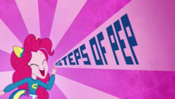 Size: 1920x1080 | Tagged: safe, screencap, pinkie pie, equestria girls, g4, my little pony equestria girls: summertime shorts, steps of pep, female, solo, title card