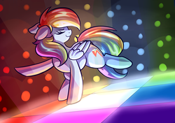 Size: 2865x2017 | Tagged: safe, artist:graphene, rainbow dash, pegasus, pony, g4, atg 2017, cute, dancing, dashabetes, disco, eyes closed, female, floppy ears, high res, mare, multicolored hair, newbie artist training grounds, smiling, solo