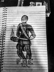 Size: 1944x2592 | Tagged: safe, artist:stevebrony24, oc, oc only, human, fallout equestria, fallout, humanized, humanized oc, lined paper, minigun, monochrome, solo, traditional art, weapon