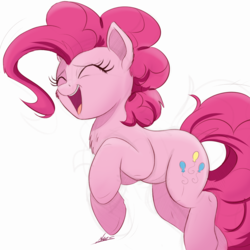 Size: 2048x2048 | Tagged: safe, artist:ncmares, pinkie pie, earth pony, pony, g4, atg 2017, cheek fluff, chest fluff, cute, diapinkes, eyes closed, female, happy, high res, jumping, mare, newbie artist training grounds, open mouth, ponk, simple background, smiling, solo, white background